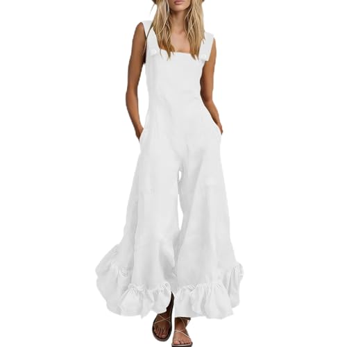 Image of Cotton Linen Rompers for Women UK Sleeveless Square Neck Playsuits All In One Jumpsuits Casual Loose Solid Color Onesies Playsuit High Waist Ruffle Trouses Wide Leg Long Pants with Pockets Strand