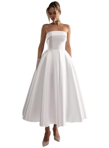 NIQIANZU Satin Wedding Dresses for Bride Tea Length Strapless A-line