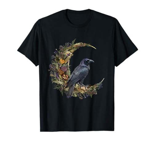 Cottage-Core Halloween Crow Design Witchy Floral Moon Raven T-Shirt