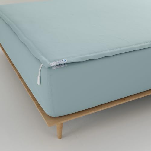 Image of QuickZip Fitted Plus Spare Bundle: 1 Fitted Sheet (Base + Zip Sheet) & 1 Zip Sheet - Easy to Change, Won't Pop Off - Soft Sateen 400 TC 100% Cotton - 13.5 inch Deep Pockets RV Queen Size - Dusty Blue