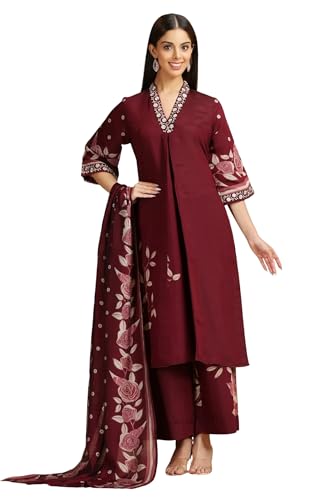 Image of Cotton Culture Wine Embroidered Roman Silk Kurta Pant and Dupatta Suit Set