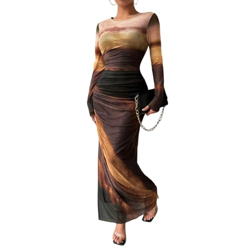 Image of LIGHT DOT Women's Printed Bodycon Maxi Dress Long Sleeve Tie Dye Mesh Ruched Cocktail Dress