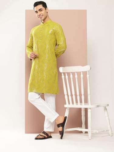 Image of See Designs Men's Long Sleeve Side Slit Chanderi Silk Sequins Mandarin Collar Kurta