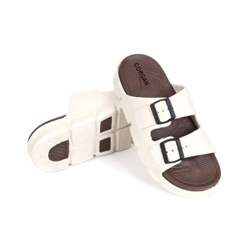 Image of CORGAN Slippers VENTO104-BROWN-WHITE 6 Slip-On Footwear | Soft Cushioned Sole | Anti-Skid Indoor & Outdoor Casual Sandals | BROWN-WHITE 6