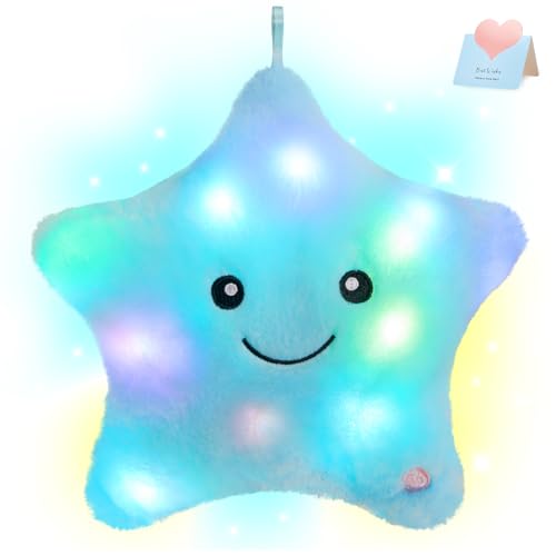 WEWILL 9'' LED Twinkle Star Soft Plush Pillow Toys Glowing Stuffed Star Light up Pillow Plush with Colorful Night Lights Birthday Gift for Toddler Kids(Blue)