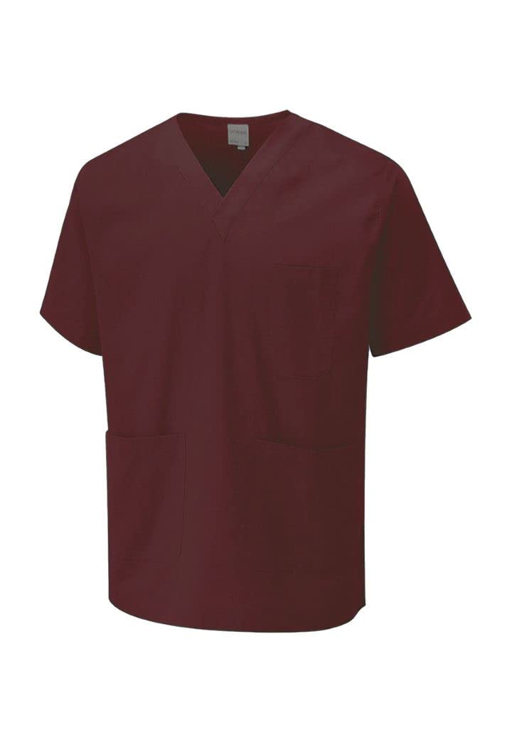 Adults Front Pockets Workwear Scrub Tunic Shirts Unisex Short Sleeve V Neck Tops Maroon