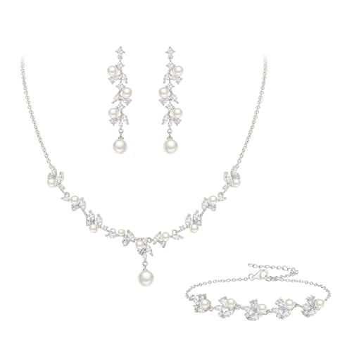 EleQueen Women's Simulated Pearl Wedding Jewelry Set, Cubic Zirconia Marquise Floral Bridal Necklace Earrings Bracelet Sets