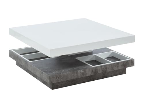 Vente-unique - Table Basse - Plateau pivotant - MDF laqué Blanc et béton - Fausto II