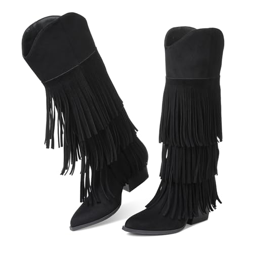 Cowgirl Boots for Women Retro Pointed Toe Pull On Block Chunky Heel Fringe Country Concert Outfits Knee High Western Suede and Faux Leather Cowboy Boots