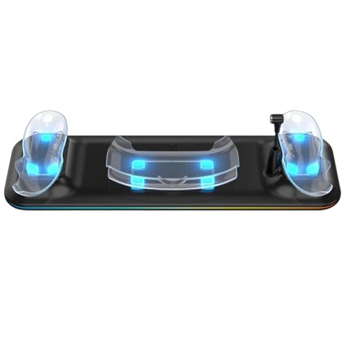 Auriculares VR organizados y cargados con la base triple rápida