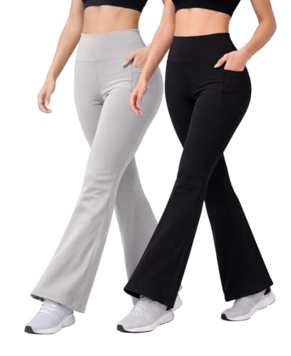 Image of Women's High Waist Bootcut Yoga Pants with Side Pockets | Flared Gym Leggings for Women | Stretchable Workout Bell Bottom Tights for Yoga, Gym, Running & Casual Wear Pack of 2