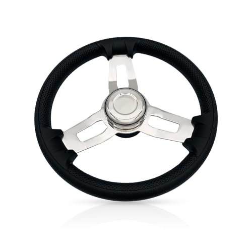 MARINE CITY 316 Stainless Steel Steering Wheel with Black PU Foam Grips, Silver Hub Cap, Corrosion-Resistant Perfect for Marine Steering Systems, Boats, Yachts (13.5 Inches)