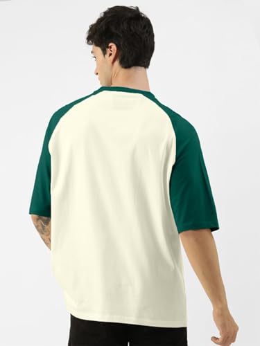 Image of Veirdo 100% Pure Cotton Oversized Loose Baggy Fit Drop Shoulder Round Neck Cool Front Chest Typographic Logo Printed Raglan Sleeve T-Shirt for Men (Colors: White, Black, Swanwhite, Beige & Grey)
