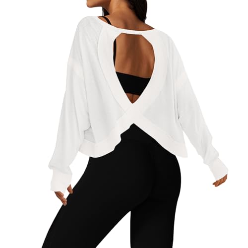 UNIANKIYA Open Back Workout Tops for Women Long Sleeve Cropped Athletic Clothes Gym Running Yoga Low Impact Sports T Shirts White