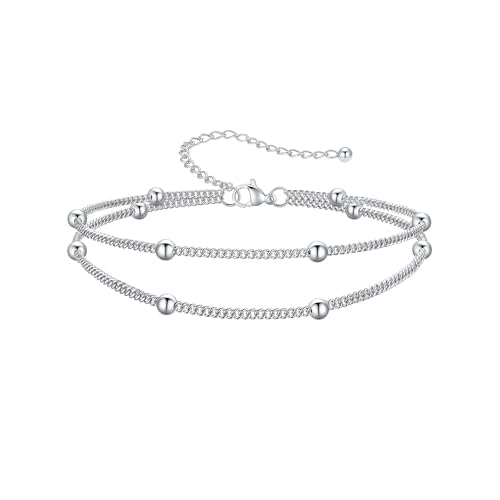 PROSTEEL Ankle Bracelets for Women Waterproof, Layered Stainless Steel Summer Beach anklets, Silver/Gold 8-10.5 Inch Adjustable, Come with Box Silver