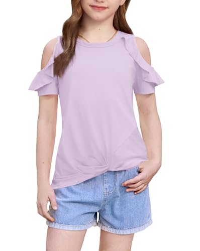 Image of BesserBay Girls Cold Shoulder Tops Twist Front Tunic Ruffle Sleeve Summer Blouses 5-14 Years
