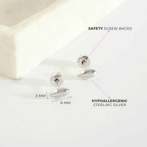 925 Sterling Silver Polished Football Safety Screw Back Earrings For Little Girls & Preteens - Children's Sports Fan Jewelry For Football Games - Small Football Girls Earrings4