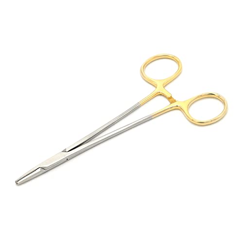 Image of Mayo Hegar Needle Holder 7 inch Needle Driver with Tungsten Carbide Inserts Stainless Steel Locking Ratchet Gold Rings Handle Instruments