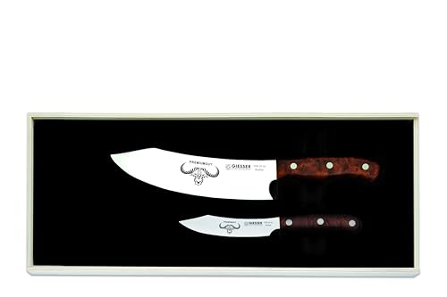 Giesser 2er Set Kochmesser Gemüsemesser Fleischmesser Profimesser scharfes Messer Messerset Premium Cut Set No.II Tree of Life BBQ Thuja Wurzelholz Spezialstahl knife braun