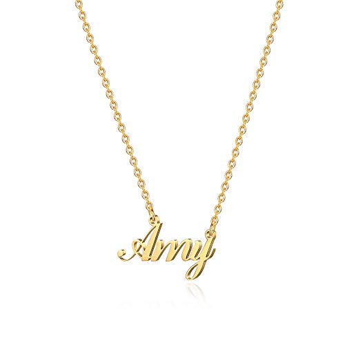 M MOOHAM Nameplate Gold Amy Name Necklace - 18K Gold Stainless Steel Customized Amy Name Necklace Personalized Gold Custom Name Necklace for Amy Women Her