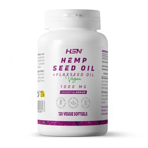 Aceite de Semilla de Cáñamo de HSN | 1000mg | Con Aceite de Lino 60% ALA (Ácido Alfa-Linolénico) Omega-3 | 100% libre de THC | Vegano, Sin Gluten, Sin Lactosa, 120 Perlas Vegetales