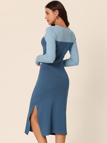 Image of Seta T Women's Long Sleeve Crew Neck Stretch Slim Cutout Color Block Ribbed Knit Bodycon Midi Sweater Dress