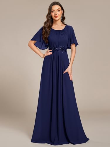 Image of Ever-Pretty Women's Classic Round Neck Pleated Short Sleeves Chiffon Appliques Floor Length A Line Formal Evening Dresses
