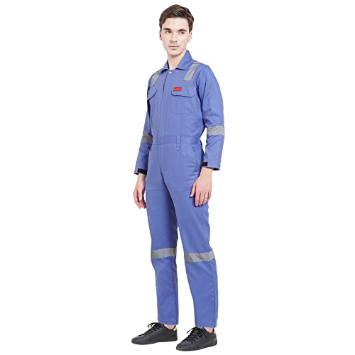 FRENCH TERRAIN® MEN'S 100% COTTON INDUSTRIAL WORK WEAR COVERALL BOILER SUIT WITH REFLECTIVE TAPE 200 GSM (4XL - 48, PETROL BLUE)