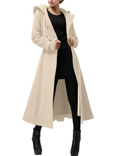 Cicy Bell Womens Long Double-Breasted Hooded Coat Winter Warm Wool Trench Coat with Belts