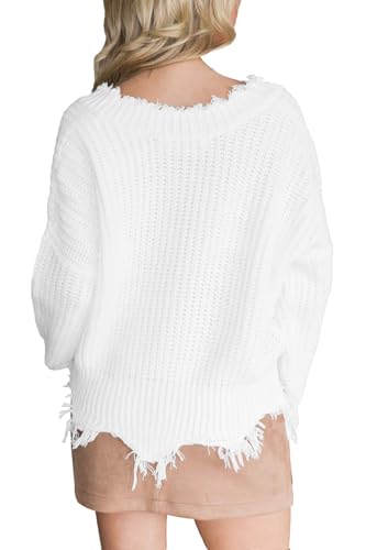 LAMISSCHE Womens Loose Knitted Off The Shoulder Sweater Solid V Neck Long Sleeve Pullover Ripped Crop Top3