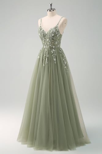 Lace Applique Tulle Prom Dresses 2025 Sparkly Spaghetti Straps Puffy A-line Long Ball Gowns for Women3