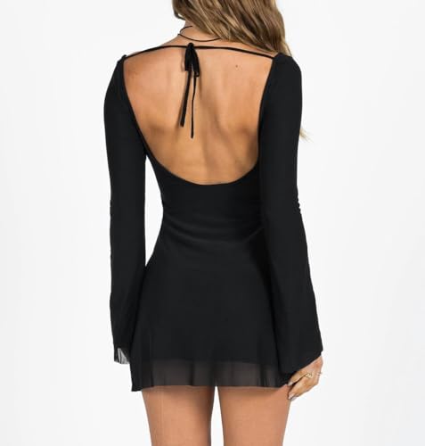 Women Sexy Boat Neck Backless Mesh Mini Dress Solid Slim Fit Bell Long Sleeve Self Tie Back Sheer Short Dresses4