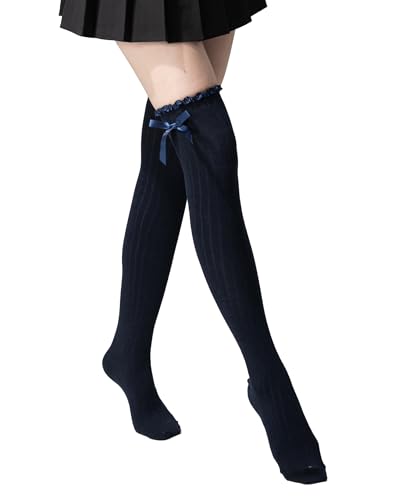 Image of Women's Girls Thigh High Stockings Over the Knee Socks with Satin Bows