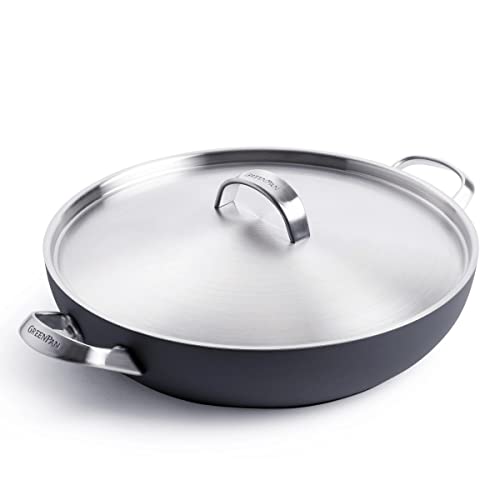 GreenPan Paris Pro Hard Anodized Healthy Ceramic Nonstick, 11' Everyday Frying Pan Skillet with 2 Handles and Stainless Steel Lid, PFAS-Free, Dishwasher Safe, Grey