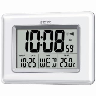 Image of Seiko Digital LCD Alarm Clock | White Plastic Case, Calendar, Thermometer & Snooze Function (Size: 17 H x 25 W x 2.7 D CM | Weight: 0.48 kg) QHL058W