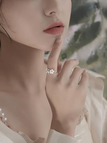 Dainty CZ Flower Leaf Open Adjustable Rings for Women Silver Plated Hypoallergenic Cubic Zirconia Crystal Floral Leaves Wrap Finger Band Ring Wedding Promise Love Statement Unique Jewelry for Her2