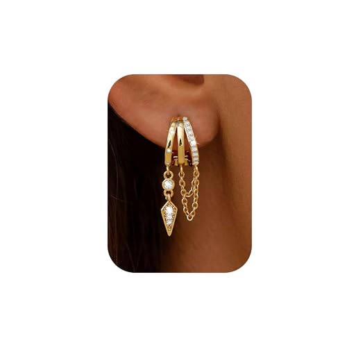 Roheafer Boucles d'Oreilles Créoles Femme Plaqué Or 14K Triple Boucles d'Oreilles Argent 925 avec Zircon Cubique Longues Boucles d'Oreille Pendantes Hypoallergéniques...