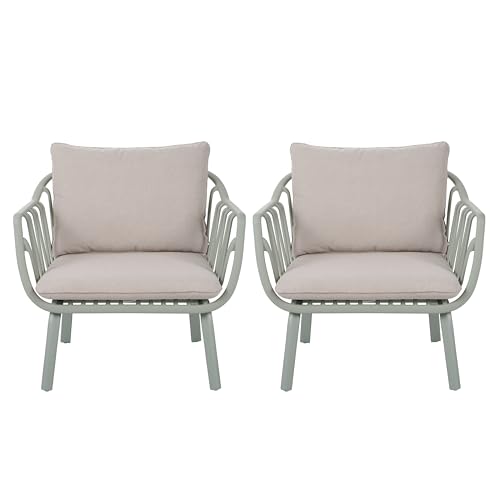 Merax 2-Piece Outdoor Bistro Set, All-Weather PP Armchair with Coushions, Patio Dinning Club Chair for Balcony, Porch, Backyard Green - Image 3