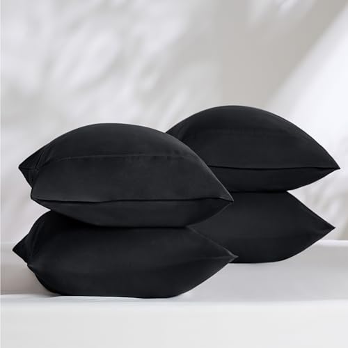 Bedsure Pillow Cases Standard Size Set of 4 - Black Brushed Microfiber Pillowcases 4 Pack, Super Soft and Cozy Pillow Case Covers with Envelope Closure, Wrinkle, Fade and Stain Resistant, 20x26 Inches