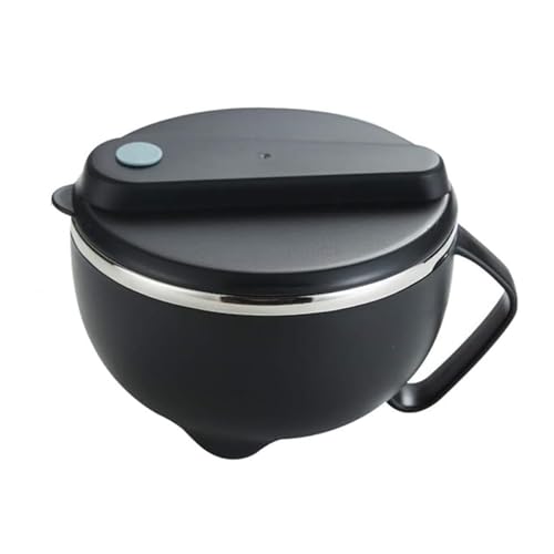 Ecocoer ラーメンどんぶり 蓋付きステンレス製 二重構造 ライススープボウル 保温断熱 インスタント麺ボウル 304ステンレス 寮用 弁当箱 学生 オフィス用携帯ランチボックス (ブラック,M)