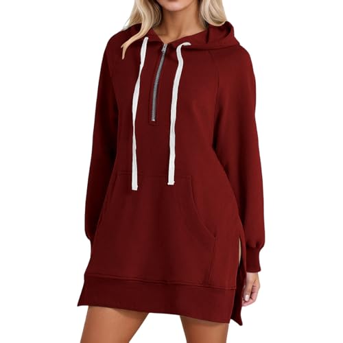 Image of The Warmy Oversized Hoodie Dress Warmy Hoodie Women's Casual Pullover Split Hem Drawstring Long Sweatshirt with Pocket, 01-Wine, XL