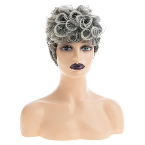 Perruque synthétique courte bouclée grise Pixie look moderne femmes âgées