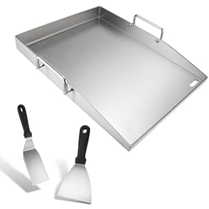 Edelstahl Plancha 40 x 30cm - Grillplatte Set mit 2 Grillspachtel und 2 Abnehmbarer Klappgriff und fettablaufloch, 4 mm Dicke Universal Grillplatte für BBQ Kohlegrill Gasgrill