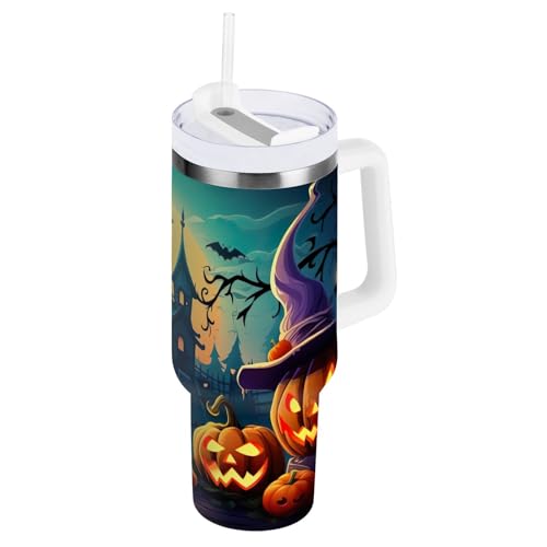 SKYSHU Vaso de calabaza de Halloween de 30 onzas con asa, botella de agua deportiva aislada al vacío de acero inoxidable, taza de café de viaje a prueba de fugas con tapa y popote para agua, té helado