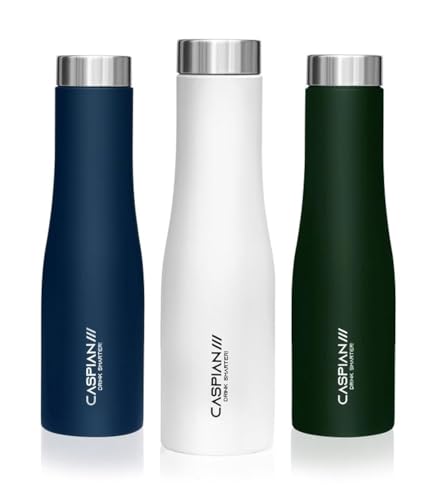 CASPIAN /// Aqua Stainless Steel Water Bottle (Blue, White & Green, 1 Litre, Set of 3)| Leak Proof Thunder for Fridge Home Office Travel School Kids Boys Girls Adults Sports Gym Yoga