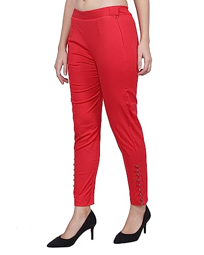 Image of POPWINGS Women Casual Mid Rise Stretchable Red Cotton Trouser