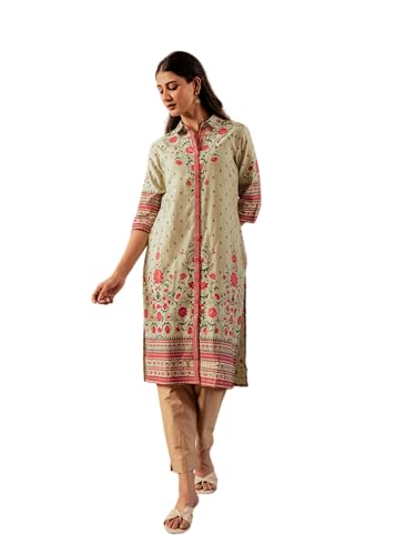 Image of Juniper Sage Green Floral Printed Viscose Kurta with Button Detailing
