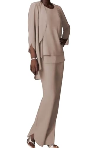 OERPPTA Chiffon Mother of The Bride Pant Suits for Women 3 PCS Dressy Pant Suits for Women Taupe Formal Pantsuits US 12