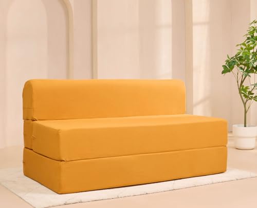 Image of uberlyfe Xtra High, Xtra Soft 3 Seater (6' x 6') Sofa Cum Bed | 1 Year Warranty | 17 inch Sofa Height | King Size Foldable Bed | Plush Pure Cotton Fabric | Mango Yellow Color