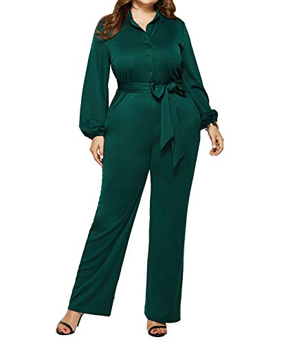 IyMoo Women Plus Size V Neck Belted Long Sleeve Wide Leg Jumpsuit Dark Green 2XL